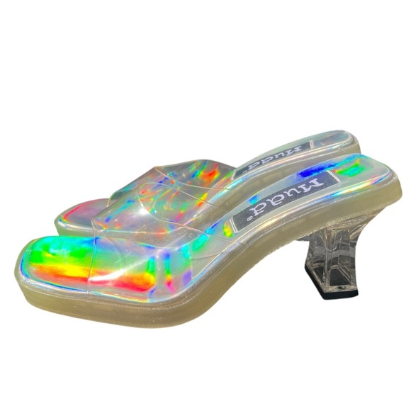 Mudd Vintage Y2K Clear Holographic Square Toe Chunky Kitten Heels Size 8 - Picture 2 of 9